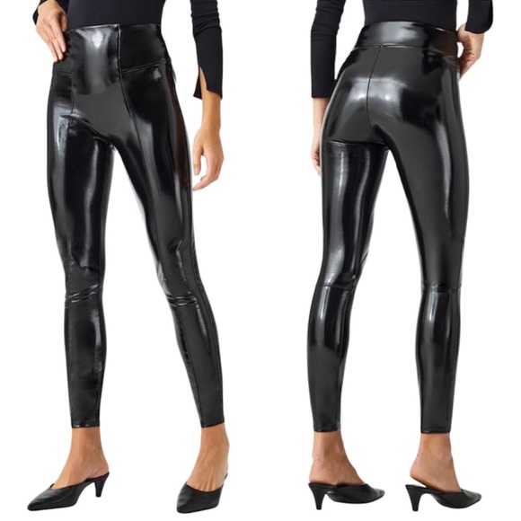 Spanx Faux Leather Patent High Shine Classic Black Leggings Small - Picture 1 of 4